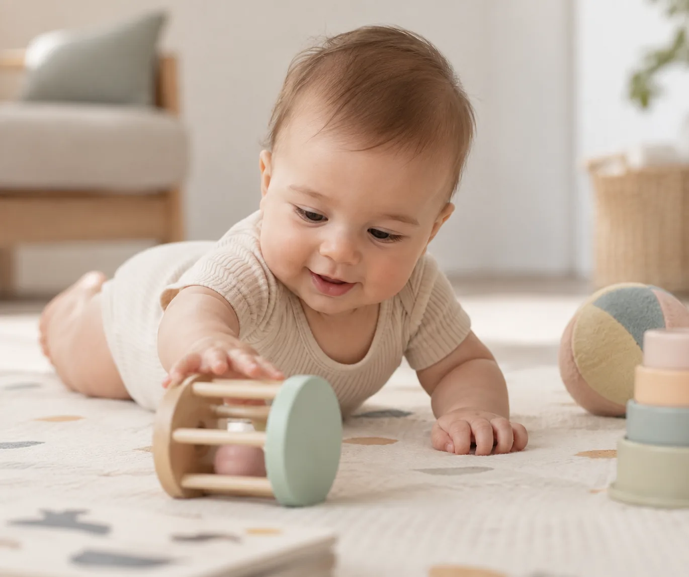 Bebê de bruços alcançando um brinquedo, desenvolvendo os marcos motores da fase